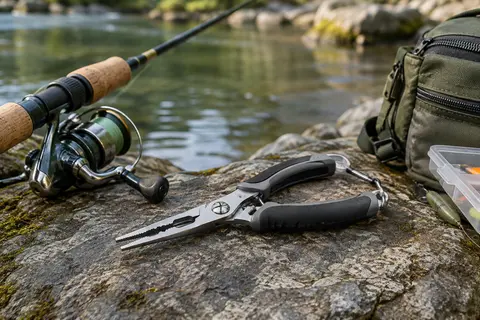 Mini-pince Daiwa argentée à mâchoires fines posée sur une pierre au bord d’une rivière