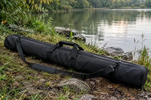 Fourreau de pêche noir rembourré avec poignées et bandoulière, posé près d’une rive calme.