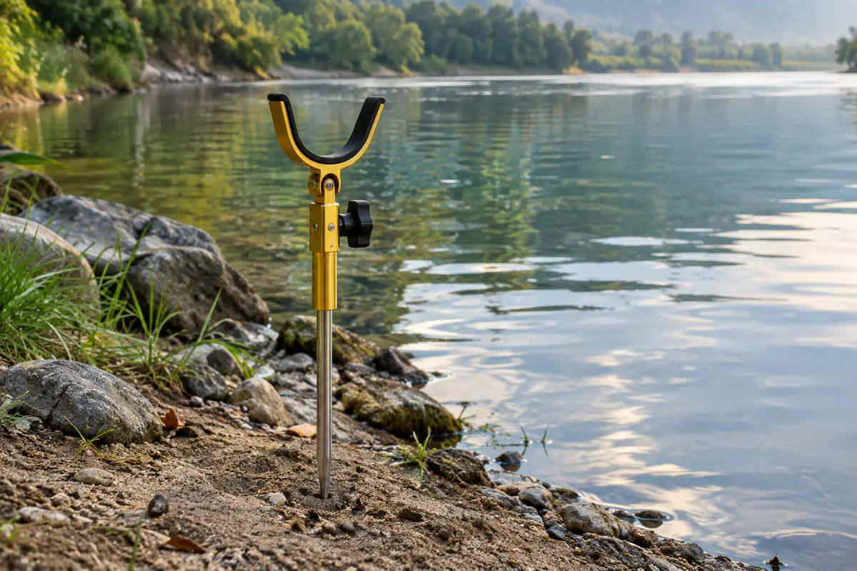 Support de canne pliable doré, planté dans le sable au bord d’une rivière calme