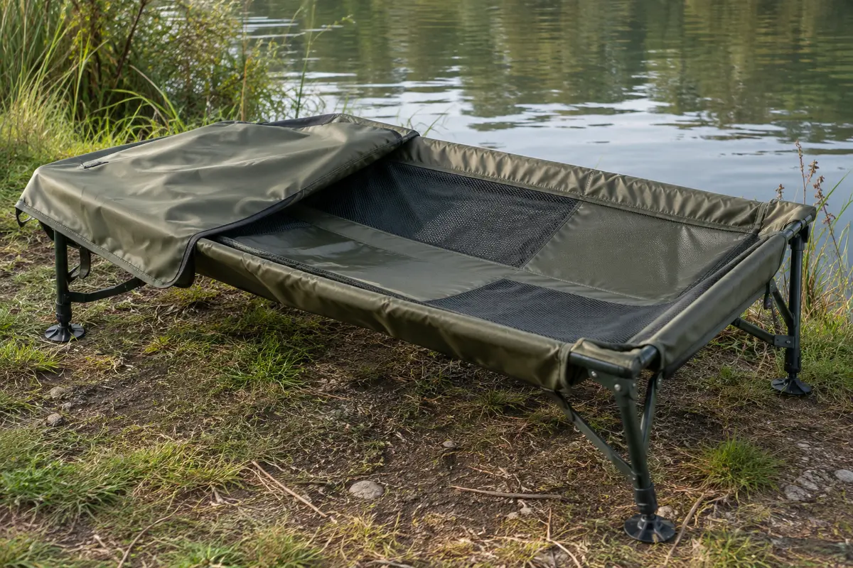 Tapis de réception Delphin pliable avec cadre en acier, surface caoutchoutée et couverture sur une rive calme