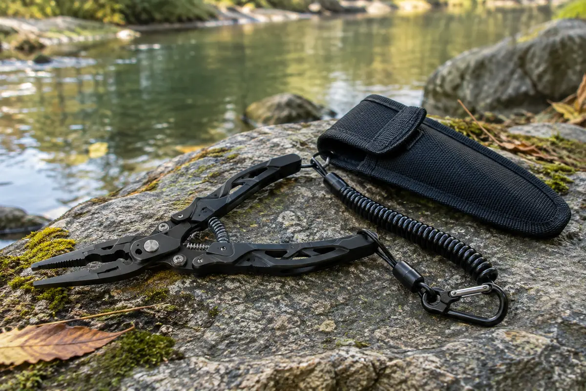 Pince de pêche noire en acier inoxydable avec cordon élastique, clip et gaine en nylon au bord de l’eau