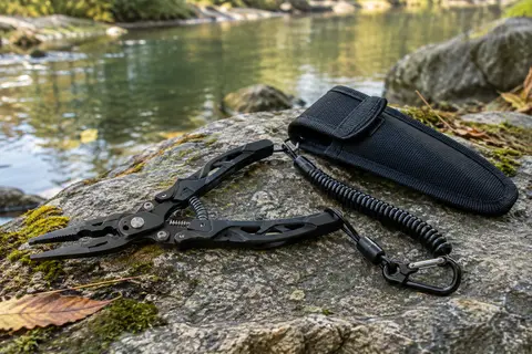 Pince de pêche noire en acier inoxydable avec cordon élastique, clip et gaine en nylon au bord de l’eau