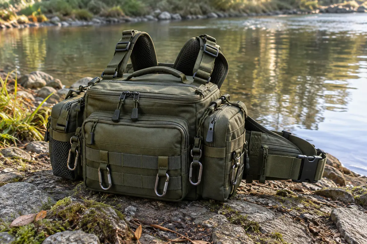 Sac de pêche Drado vert armée avec poches, bretelles réglables et mousquetons, posé au bord d’une rivière