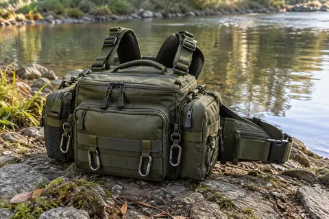 Sac de pêche Drado vert armée avec poches, bretelles réglables et mousquetons, posé au bord d’une rivière