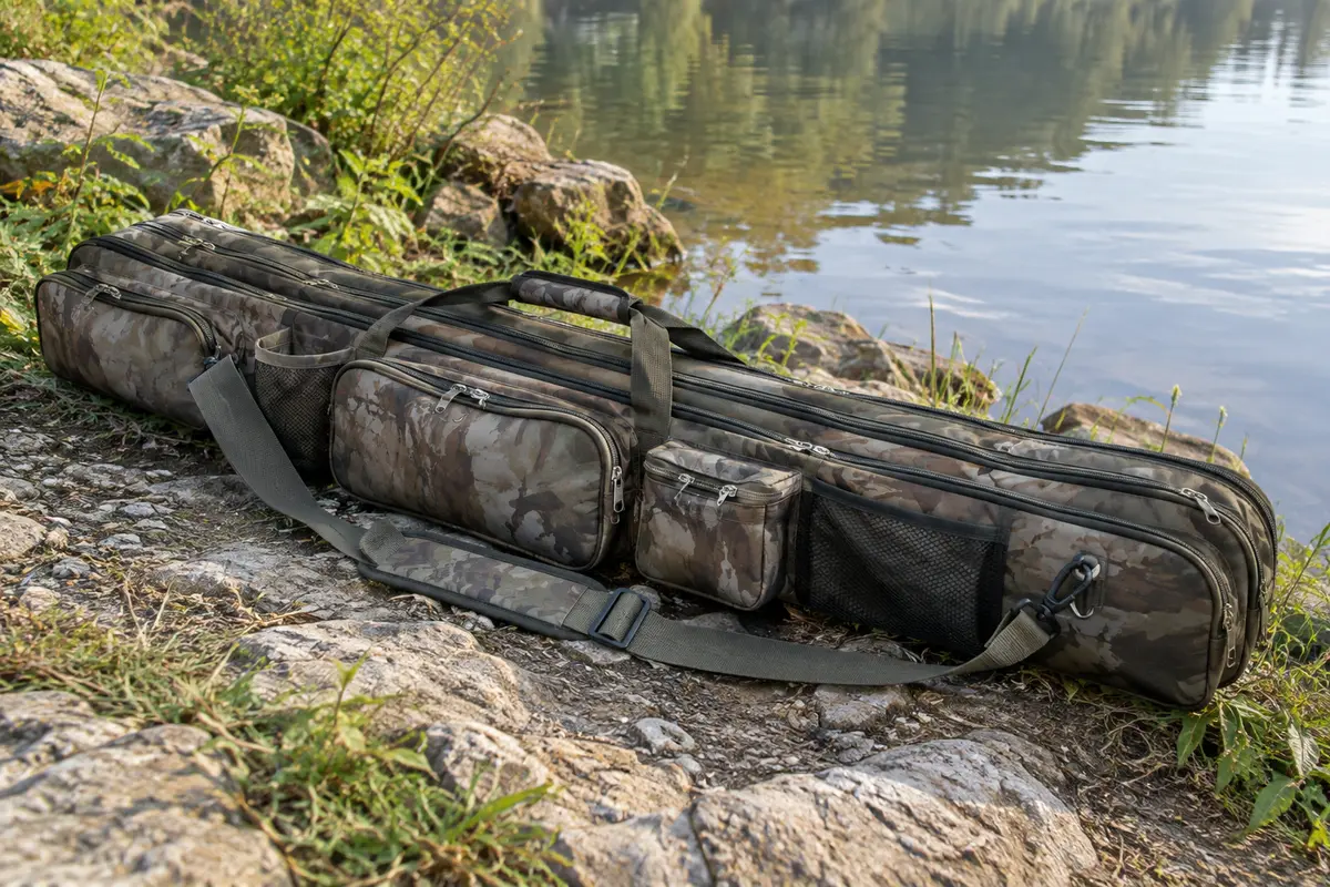 Fourreau de pêche pliable à motif camouflage, avec poches, bandoulière et fermetures zippées près d’une rive.