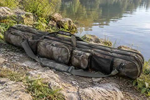 Fourreau de pêche pliable à motif camouflage, avec poches, bandoulière et fermetures zippées près d’une rive.