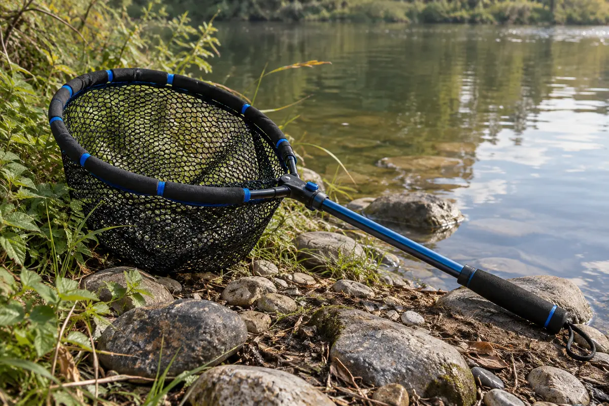 Épuisette de pêche pliable noire et bleue avec filet caoutchouté posée près d’une rive calme.