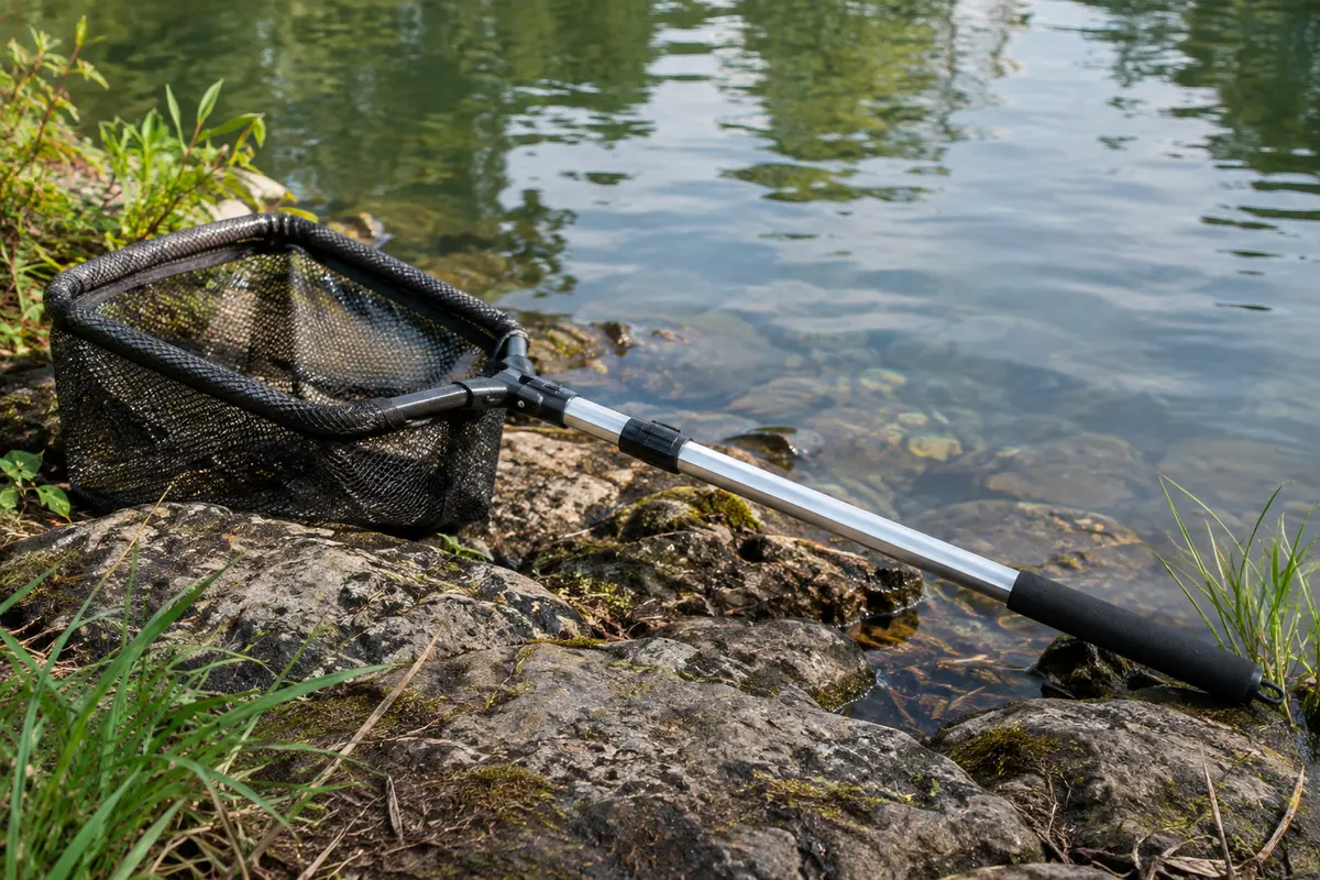 Épuisette pliable à manche télescopique posée au bord d’une rivière calme