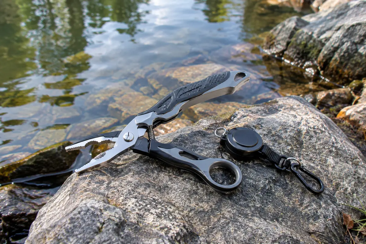 Pince de pêche multifonction grise et noire avec lames dentelées et rétracteur, posée près de l’eau
