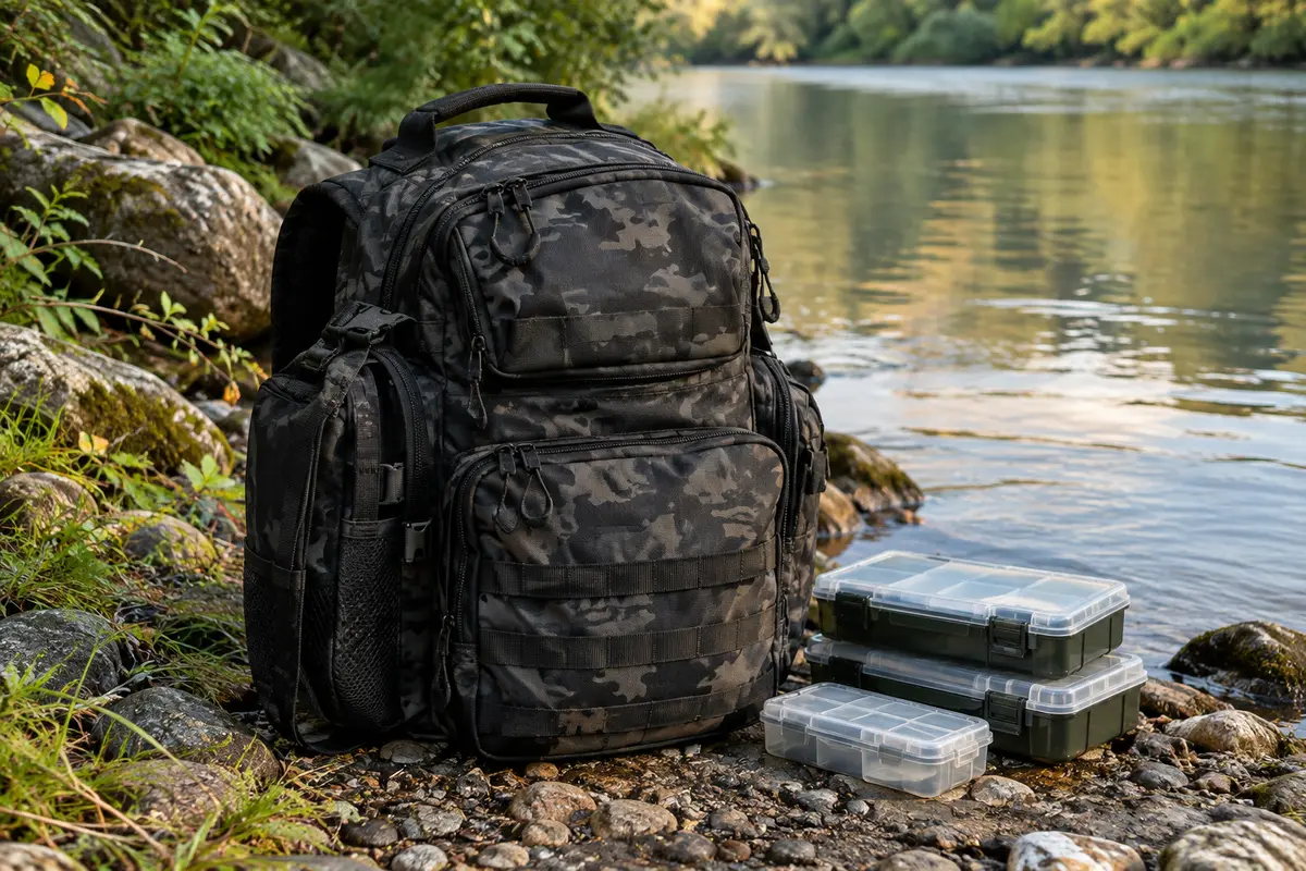 Sac à dos de pêche Frethind camouflage noir posé près d’une rive, avec boîtes de rangement et compartiment isotherme.
