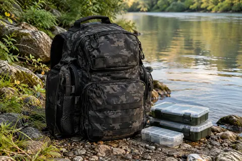 Sac à dos de pêche Frethind camouflage noir posé près d’une rive, avec boîtes de rangement et compartiment isotherme.