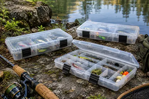 Trois boîtes de pêche transparentes à séparateurs réglables, posées près d’une rive calme.
