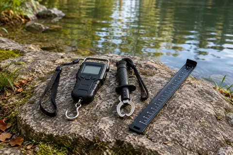 Balance de pêche numérique noire avec écran LCD, crochet, pince à lèvres et règle au bord d’une rivière