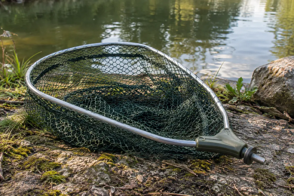Tête d’épuisette Guru Speed 400 à maille de 6 mm posée au bord d’une rivière calme