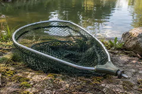 Tête d’épuisette Guru Speed 400 à maille de 6 mm posée au bord d’une rivière calme