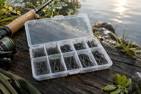 Hameçons noirs à œillet en acier au carbone, triés par tailles dans une boîte compartimentée.