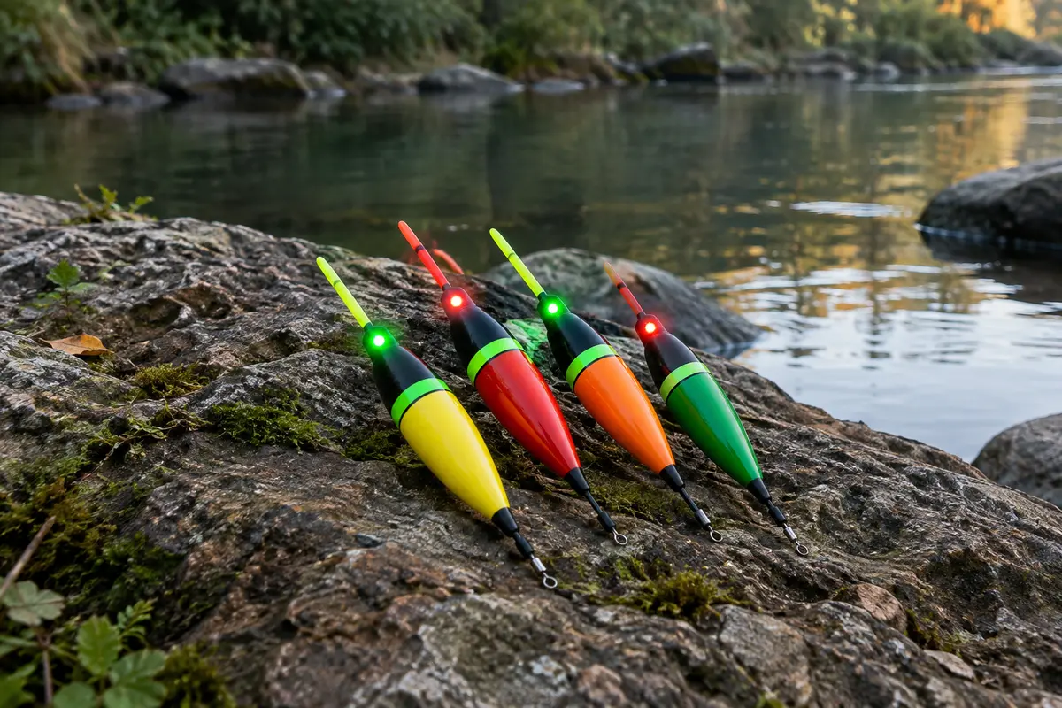 Quatre flotteurs de pêche colorés à LED verte et rouge posés au bord d’une rivière calme