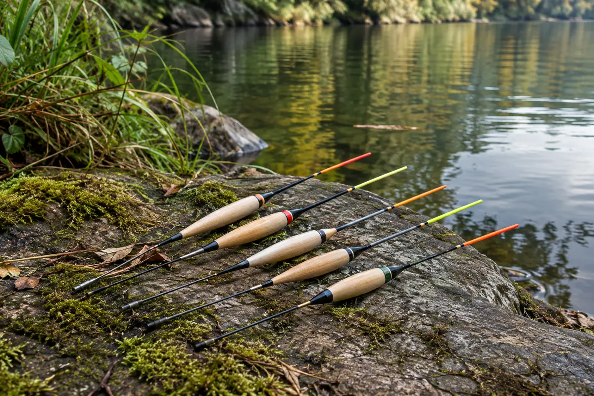 Cinq flotteurs Waggler en balsa à antennes colorées posés près d’une rive calme.