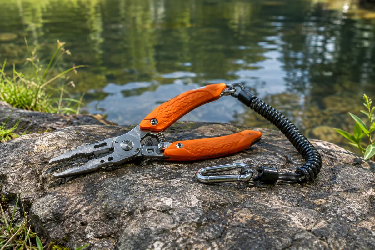 Pince de pêche J&D en acier inoxydable avec poignée orange et cordon spiralé, posée près d’une rive.