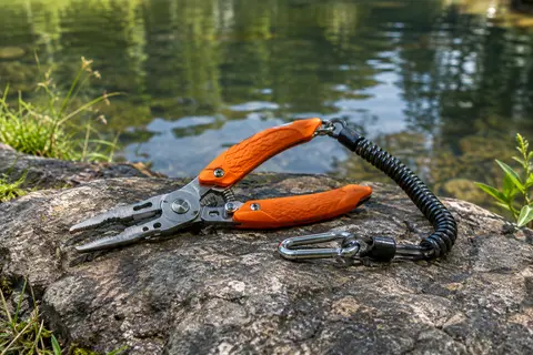 Pince de pêche J&D en acier inoxydable avec poignée orange et cordon spiralé, posée près d’une rive.