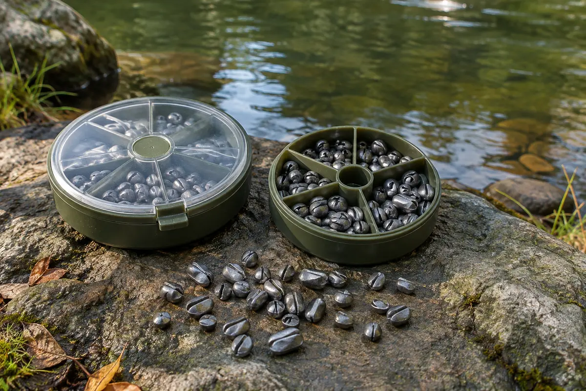 Plombs fendus gris en sept grammages rangés dans deux boîtes compartimentées au bord de l’eau.