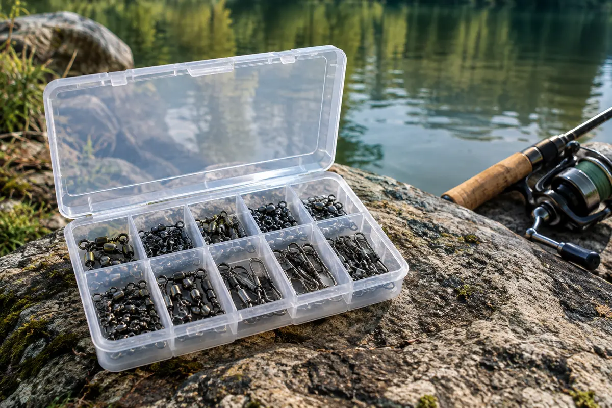 Émerillons baril noirs et argentés avec agrafes, rangés dans une boîte transparente à compartiments près de l’eau.