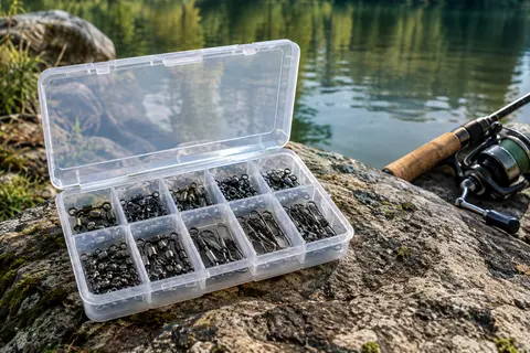 Émerillons baril noirs et argentés avec agrafes, rangés dans une boîte transparente à compartiments près de l’eau.