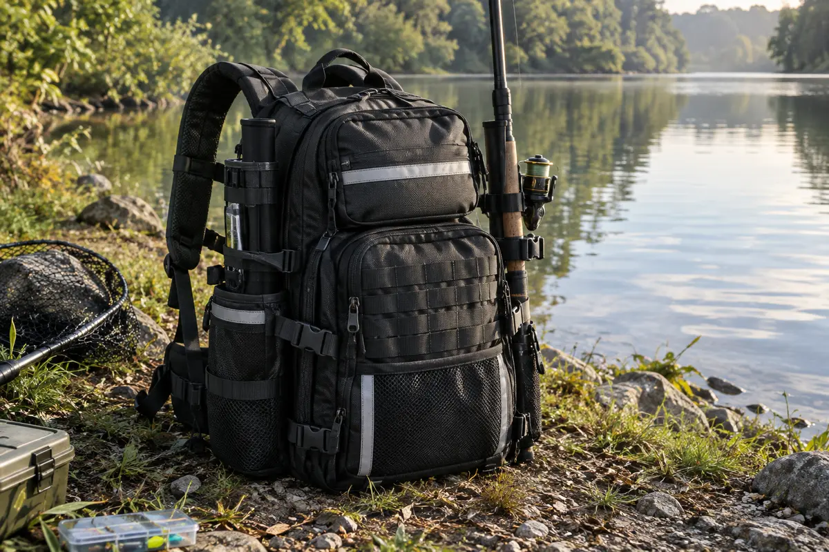 Sac à dos de pêche noir avec porte-cannes, sangles MOLLE et rangements en filet au bord d’une rive calme
