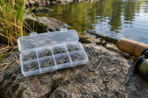 Hameçons de pêche argentés à ardillon et œillet, rangés dans une boîte en plastique près de l’eau.