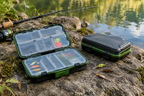 Boîtes de pêche double face noire et verte avec compartiments transparents, posées près d’une rive calme