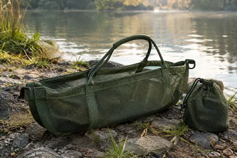 Sangle de pesée verte en maille douce avec son sac à cordon, posée près d’une rive calme.