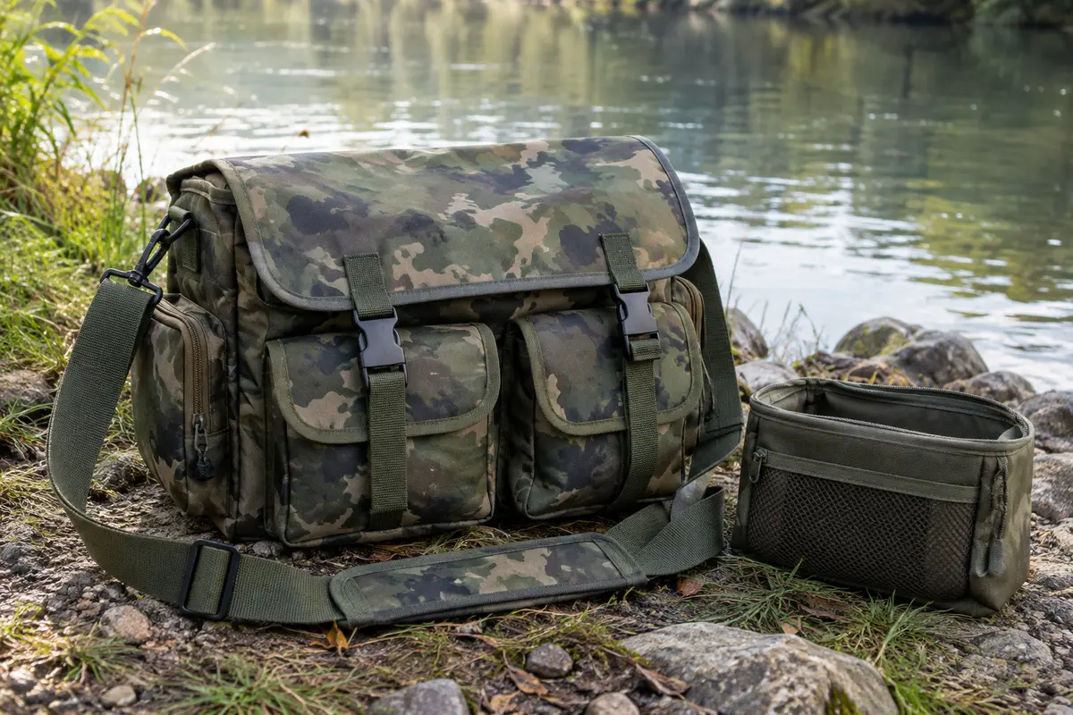 Sacoche de pêche Kylebooker en tissu vert camouflage posée près d’une rive calme.