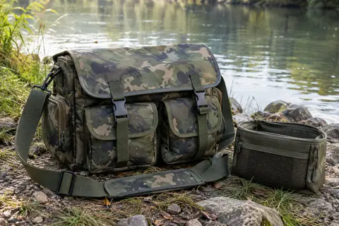 Sacoche de pêche Kylebooker en tissu vert camouflage posée près d’une rive calme.