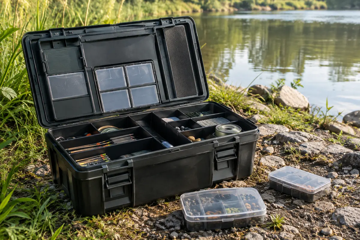 Coffret de pêche Lineaeffe en plastique noir avec compartiments et petites boîtes près d’une rive