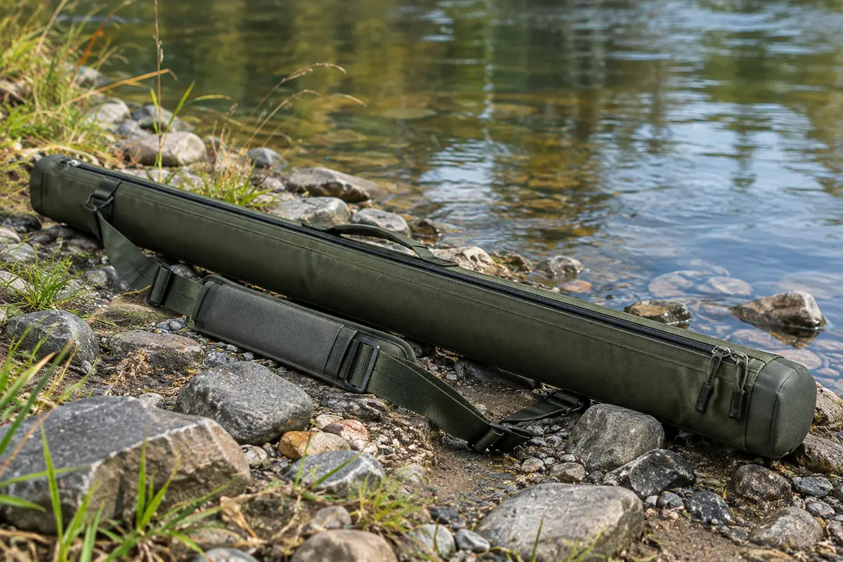 Étui de canne à mouche en toile vert militaire avec tube rigide et bandoulière, posé près d’une rive calme.