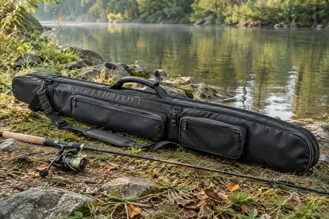 Sac fourreau de pêche Lixada noir avec poches, posé au bord d’une rive calme près d’une canne