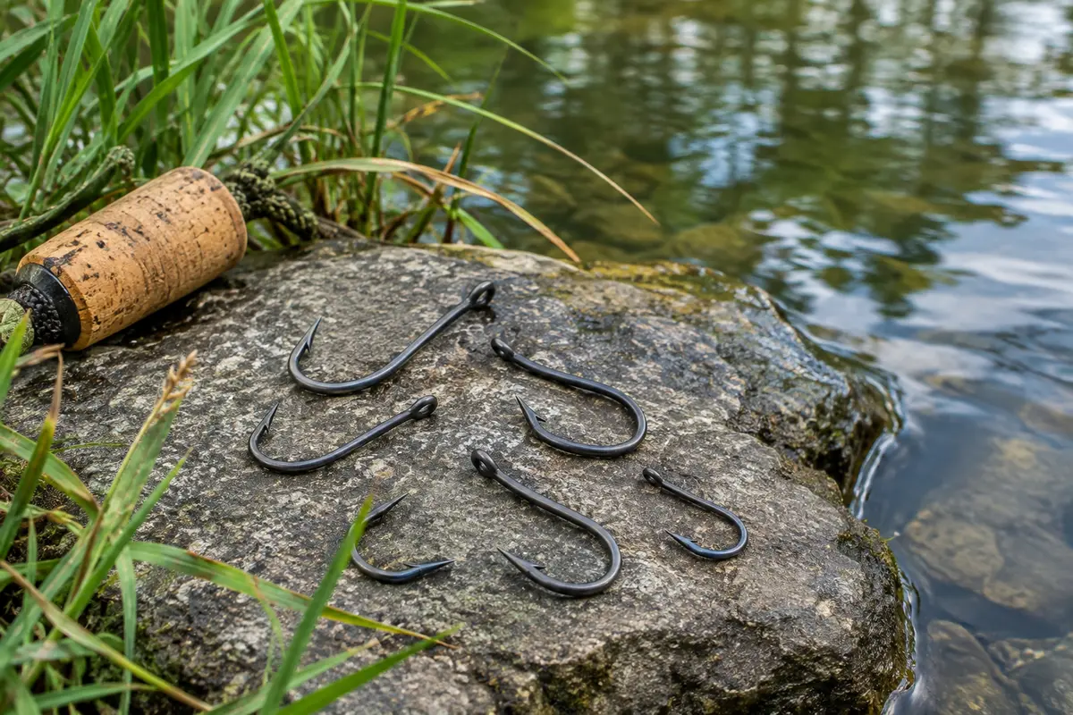 Hameçons de pêche à grande ouverture en acier au carbone posés près d’une rivière calme
