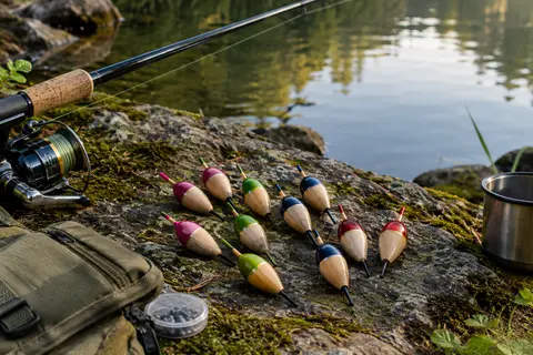 Dix flotteurs de pêche en bois aux coloris Berry, Kiwi, Navy et Red posés près d’une rive calme