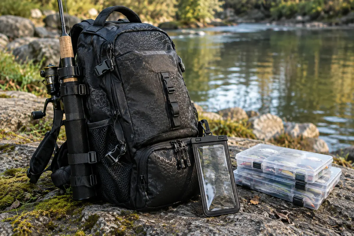 Sac à dos de pêche compact avec poche téléphone transparente, classeurs à leurres et support pour canne