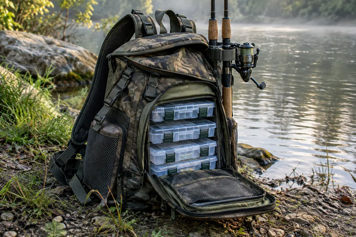 Sac à dos de pêche camouflage avec quatre boîtes de rangement, posé au bord d’une rivière calme.