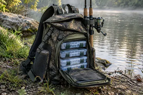 Sac à dos de pêche camouflage avec quatre boîtes de rangement, posé au bord d’une rivière calme.