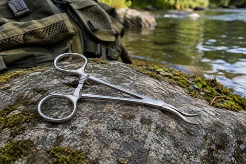 Pince clamp de pêche en acier inoxydable à anneaux, crémaillère de verrouillage et mors courbés, posée sur une pierre au bord d’une rivière.