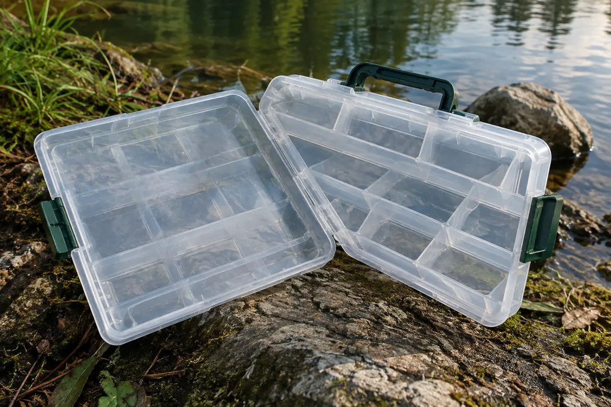 Boîte à leurres transparente à deux faces, avec compartiments et poignée, posée au bord d’une rivière.