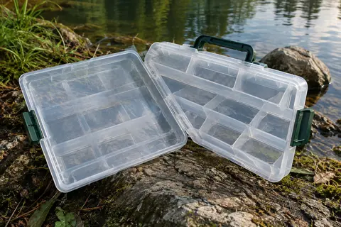 Boîte à leurres transparente à deux faces, avec compartiments et poignée, posée au bord d’une rivière.