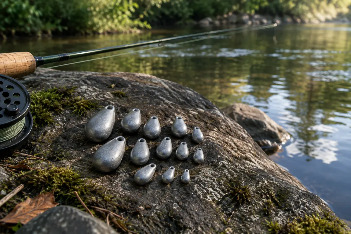 Plombs de pêche argentés en forme de goutte, posés sur une pierre au bord d’une rivière calme.