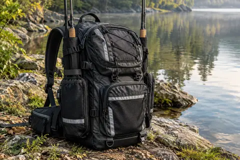 Sac de pêche noir à poches multiples avec deux supports pour cannes, posé au bord d’une rivière
