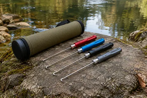 Quatre dégorgeoirs à hameçons en métal avec poignées colorées et tube de rangement posés près d’une rive