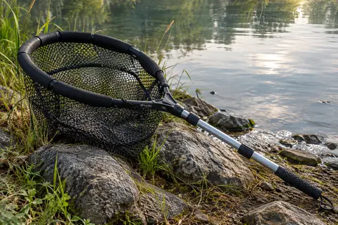 Épuisette flottante noire à filet caoutchouté et poignée télescopique près d’une rive calme