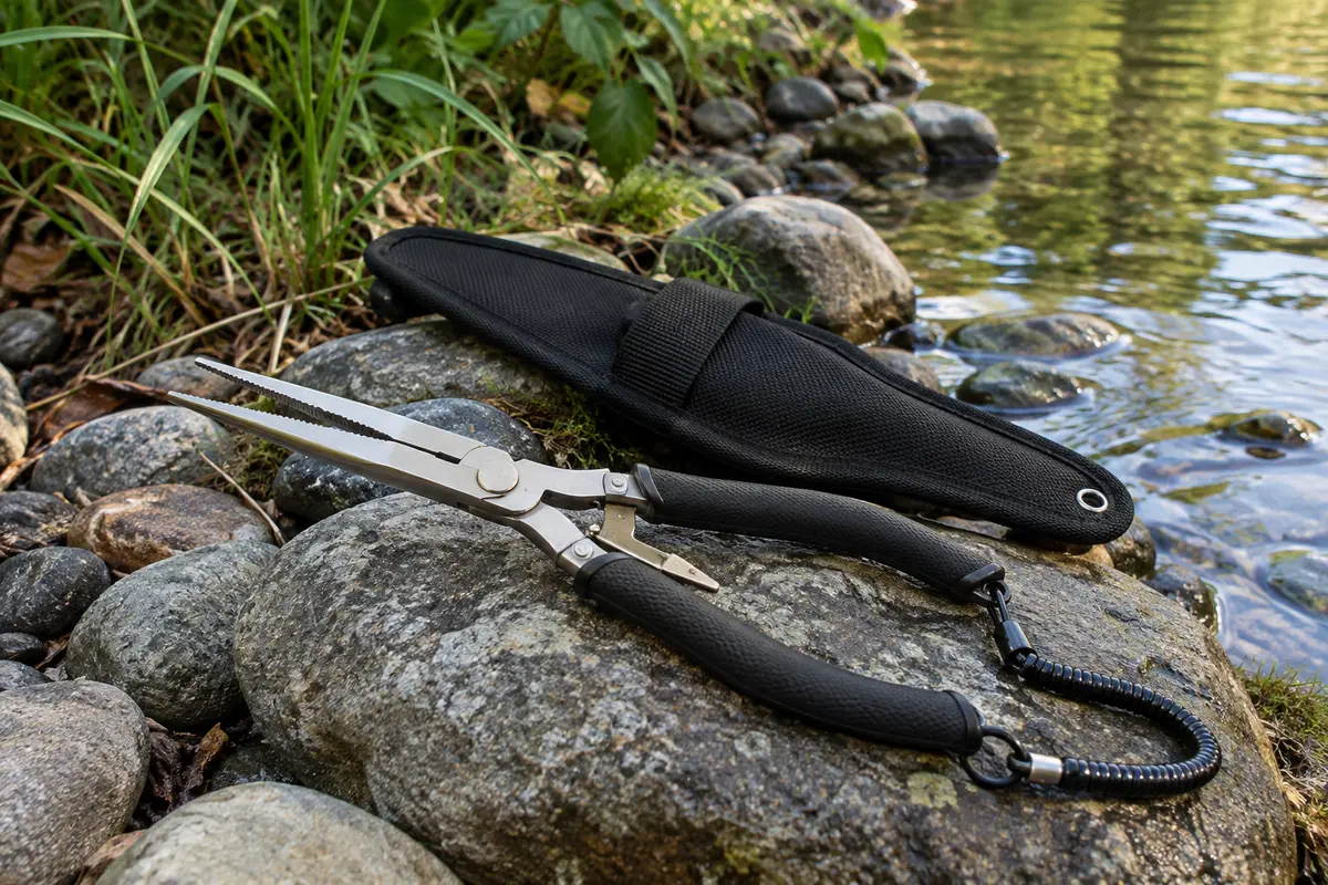 Pince de pêche noire à bec long avec sa gaine en nylon, posée sur une rive calme
