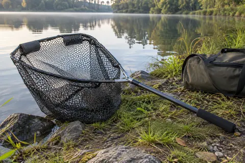 Épuisette à carpe noire à double flotteur et manche long posée au bord d’une rivière calme.